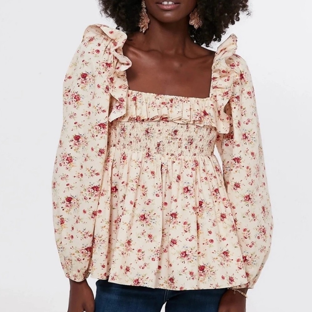 Tuckernuck Hyacinth House Cotton Floral Ruffle Sleeve Addison Blouse Medium
